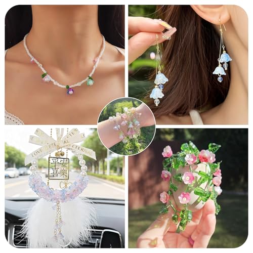 100Pcs Sparkle Glass Flower Beads Caps for Jewelry Making Cute Bell Flower Glass Beads Bulk Crystal Fishing Bead for Wind Chimes Handmade Earring Crafts Supplies - color: Colorful