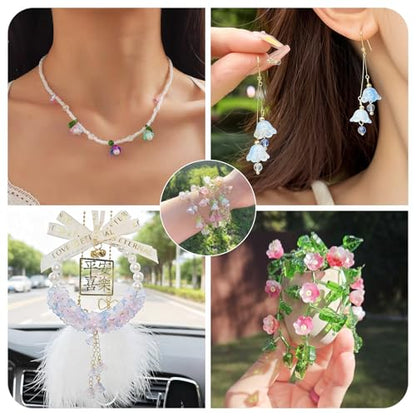 100Pcs Sparkle Glass Flower Beads Caps for Jewelry Making Cute Bell Flower Glass Beads Bulk Crystal Fishing Bead for Wind Chimes Handmade Earring Crafts Supplies - color: Colorful