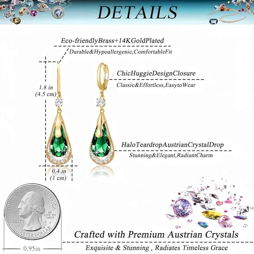 Trendy Austrian Crystal Teardrop Drop Huggie Dangle Earrings for Women 14k Rose Gold Plated Hypoallergenic Jewelry Gifts - color: Green