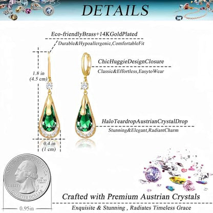 Trendy Austrian Crystal Teardrop Drop Huggie Dangle Earrings for Women 14k Rose Gold Plated Hypoallergenic Jewelry Gifts - color: Green