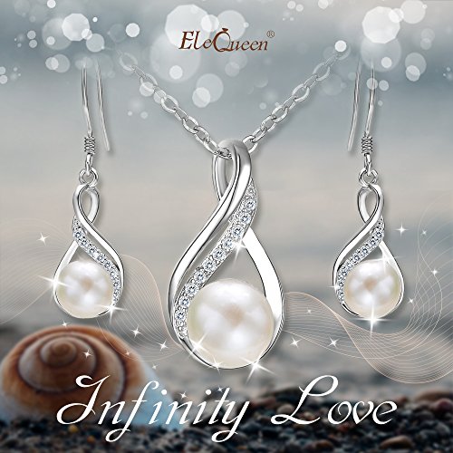 EleQueen 925 Sterling Silver CZ Freshwater Cultured Pearls Bridal Pendant Necklace Earrings Wedding Jewelry Sets, Valentine's Day/Mother's Day/Christmas Gift - style: 01-Ivory