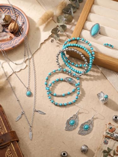 Ecally Bohemian Western Jewelry Turquoise Set Women Country Pendant Long Choker Layered Bracelets Earrings Ring for Women - color: Turquoise, style: Modish