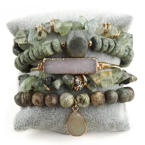 Yomisa Boho Beaded Bracelets/Bangle for Women,Multilayer 5/6/7PCS Healing Natural Handmade Stone Bead Bracelets Stackable Stretch Friendship Beaded Bracelet Set Trendy Western Bohemian Jewelry Gift - color: 5pcs-Light green