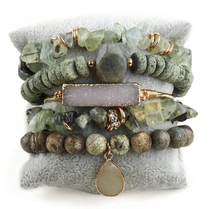 Yomisa Boho Beaded Bracelets/Bangle for Women,Multilayer 5/6/7PCS Healing Natural Handmade Stone Bead Bracelets Stackable Stretch Friendship Beaded Bracelet Set Trendy Western Bohemian Jewelry Gift - color: 5pcs-Light green
