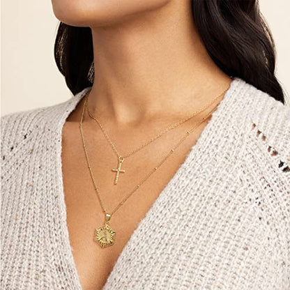 KELORIS PATH Gold Layered Initial Cross Necklace, 14K Gold Plated Layering Square Letter Pendant Figaro Chain Cross Choker from A-Z Capital Jewelry for Women Girls | 14K Gold Plated Square/Hexagon Letter Pendant with Figaro Chain, Stackable Jewelry Gifts,