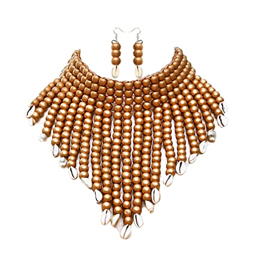 COLORFUL BLING Chunky Wooden Beaded Seed Bib Collar Necklace Boho Layered Africa Wood Shell Strand Choker Necklace Jewelry Set for Women - color: yellow