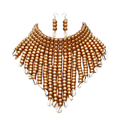 COLORFUL BLING Chunky Wooden Beaded Seed Bib Collar Necklace Boho Layered Africa Wood Shell Strand Choker Necklace Jewelry Set for Women - color: yellow