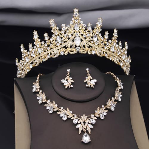 Women Tiaras and Crowns Bridal Jewelry Set with Rhinestones, Gold Plated Floral Necklace Tiara and Earrings, Wedding Birthday Party Accessories - color: Gold White