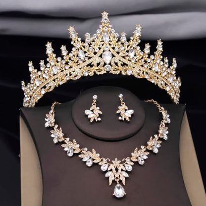 Women Tiaras and Crowns Bridal Jewelry Set with Rhinestones, Gold Plated Floral Necklace Tiara and Earrings, Wedding Birthday Party Accessories - color: Gold White