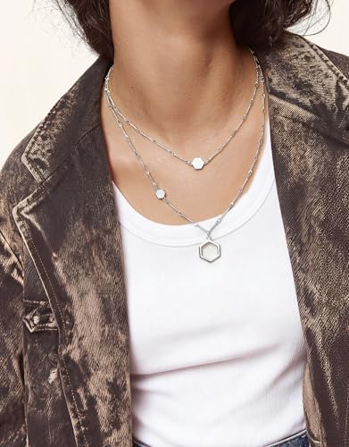 UBGICIG Honeycomb Layered Necklaces for Women Stackable, Dainty Layering Pendant Necklace Non Tarnish, Trendy 16K Plated Silver Gold Necklace Stack Chain Women's Fashion Jewelry - color: Layered Honeycomb-Silver Color