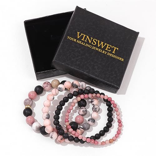 Vinswet 4pcs Beaded Bracelets for Women,Natural Healing Crystal Gemstones Bracelet,Anxiety Stress Relief Bracelet Handmade purple Jewelry Gifts for Women - color: Pink zebra&Lava Rock&Rhodochrosite