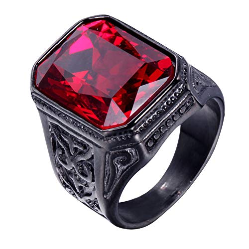 PAURO Promise Rings with Big Stone | Men's Stainless Steel, Vintage Wedding Promise Ring with Big Stone - color: Black Red