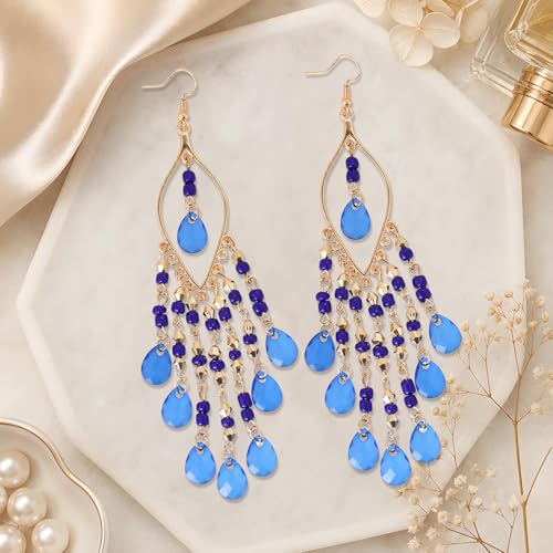 Boho Chandelier Earrings, Beaded Tasse Dangle Earring for Women, Red, Black, Blue, White, Colorful Long Earrings - color: Blue