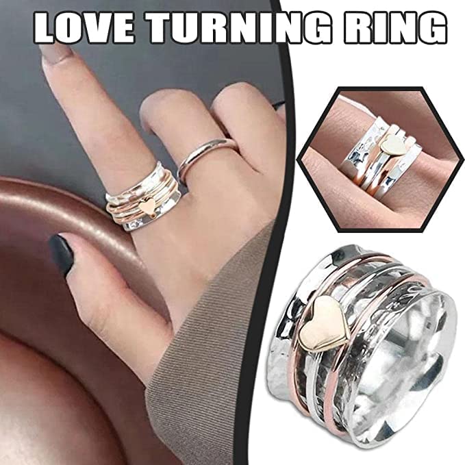 925 Sterling Silver Spinner Ring Meditation Ring Band Wide Hammered Worry Band - color: Heart Spinner Ring