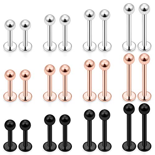 Labret Barbell 24PCS Monroe Lip Barbell Ring Helix Earring Tragus Cartilage Studs Surgical Steel Piercing Jewelry for Women Men 20-12G - color: B: 24pcs 14gauge