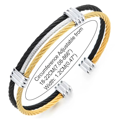 COOLSTEELANDBEYOND Men Women Stainless Steel Twisted Cable Adjustable Cuff Bangle Bracelet - color: N-Metal Color: Black & Gold & Silver