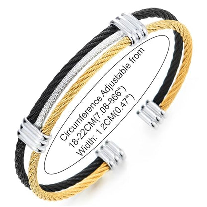 COOLSTEELANDBEYOND Men Women Stainless Steel Twisted Cable Adjustable Cuff Bangle Bracelet - color: N-Metal Color: Black & Gold & Silver