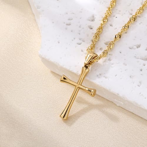 Small Cross Pendant Necklace for Women, 18" + 2" Wave Chain Stainless Steel - color: Gold