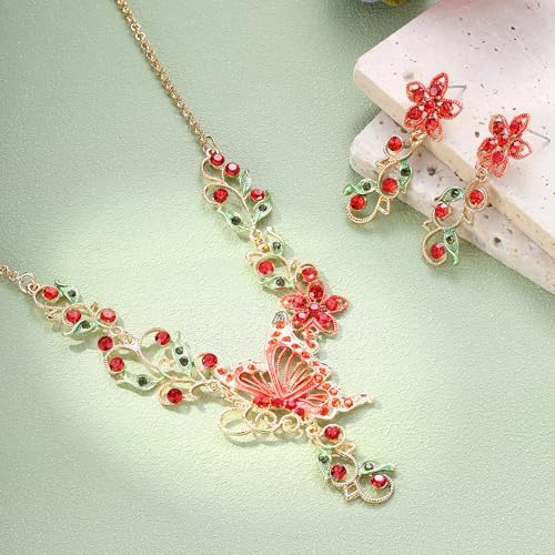 EleQueen Women's Crystal Butterfly Flower Leaf Necklace Earrings Set | Crystal Jewelry Set for Brides Bridesmaids, Necklace Set for Party - color: Gold-Tone Red Ruby Color