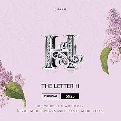 BISAER 925 Sterling Silver Initial Letter A-Z Charms for Bracelets Alphabet Beads Charm Jewelry Gifts - color: Letter H