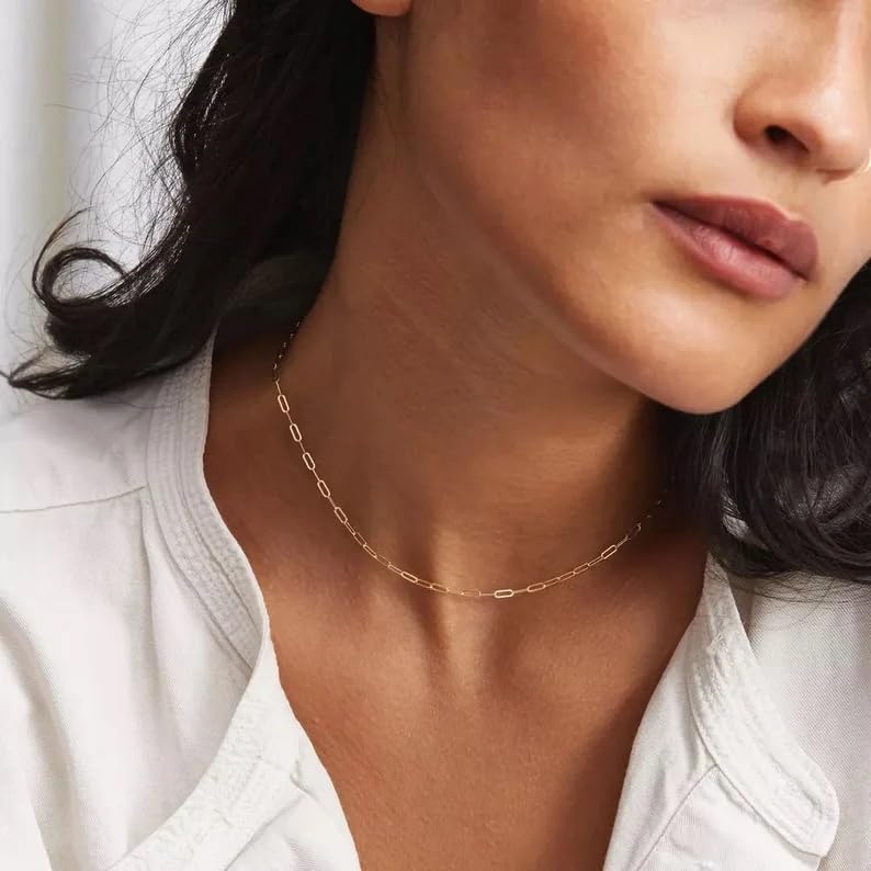 Dainty Choker Necklace for Women 18K Gold Plated Shining Dots Box Chain Sparkle Necklaces Cute Paperclip Link Herringbone Necklace Exquisite Jewelry Gifts for Mom Girlfriend - style: Small Paperclip GD