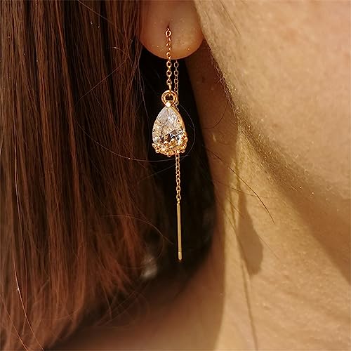 WANGGAO Stainless Steel Water Drop Long Chain Earrings for Women Linear Crystal Threader Earrings Jewelry - color: White