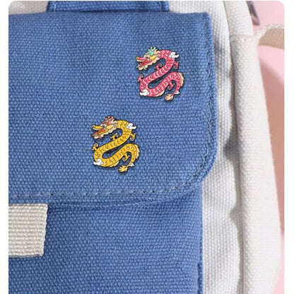 4pcs Chinese Dragon Enamel Lapel Pin Set, Dragon ChineseZodiac Style Traditional Design Red Yellow Pink Blue Green - color: PINK
