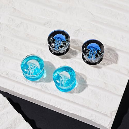 Stuppendux 4 Style 2Set Color Ocean Jellyfish Glass Double Flared Ear Plugs Tunnels Expander Stretching Kit Gauge 0g-5/8 8-16mm - color: Blue=10MM
