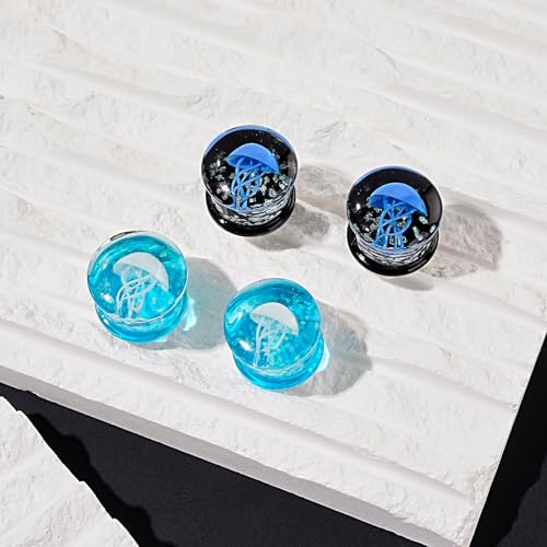Stuppendux 4 Style 2Set Color Ocean Jellyfish Glass Double Flared Ear Plugs Tunnels Expander Stretching Kit Gauge 0g-5/8 8-16mm - color: Blue=12MM