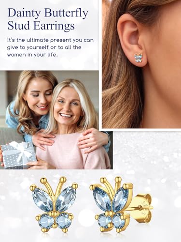 Suplight Butterfly Stud Earrings 925 Sterling Silver 14K Gold Brithstone Earrings for Women Brithstone Jewelry Gifts - color: 03.March( Aquamarine), size: Gold