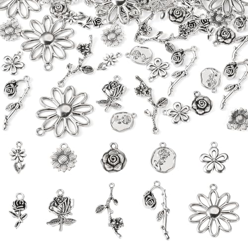 Craftdady Tibetan Style Antique Silver Alloy Pendants Cute Metal Dangle Charms Vintage Animal Pendants Hanging Charms for DIY Craft Earring Bracelet Necklace Jewelry Making Supplies - color: Antique Silver, 10 Styles Flower