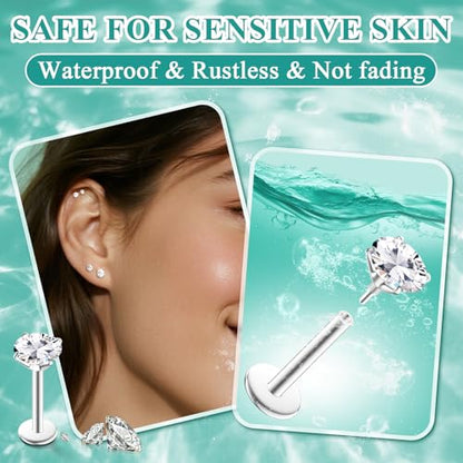 4 Pairs 16G 18G Flat Back Stud Earrings, Hypoallergenic Surgical Steel Set | CZ 2-5mm, internal thread design for nose and tragus piercings use, includes ball grabber tool for easy jewelry changes - color: 18G CZ 2/2/2.5/3mm Silver