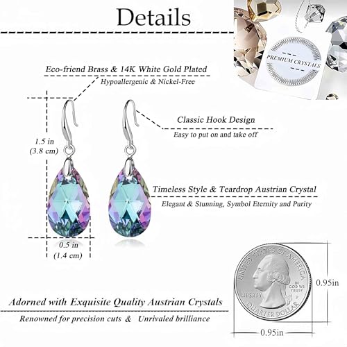 Austrian Crystal Teardrop Dangle Hook Earrings for Women 14K Gold Plated Hypoallergenic Jewelry - color: Vitrail Light