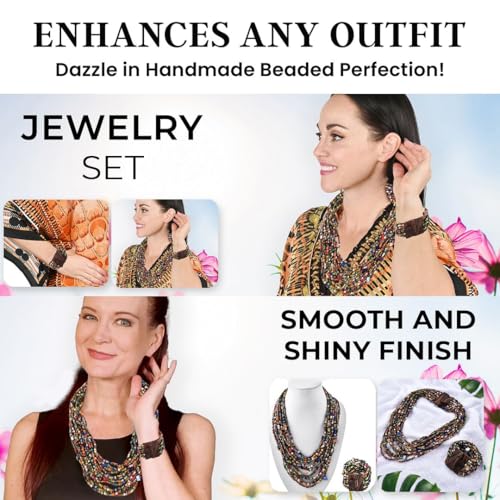Shop LC Seed Bead Necklace Bracelet Set Boho Jewelry for Women | Multi Layered Boho, Wooden Clasp, 18 Inch Necklace, Stretchable Bracelet - color: Peacock