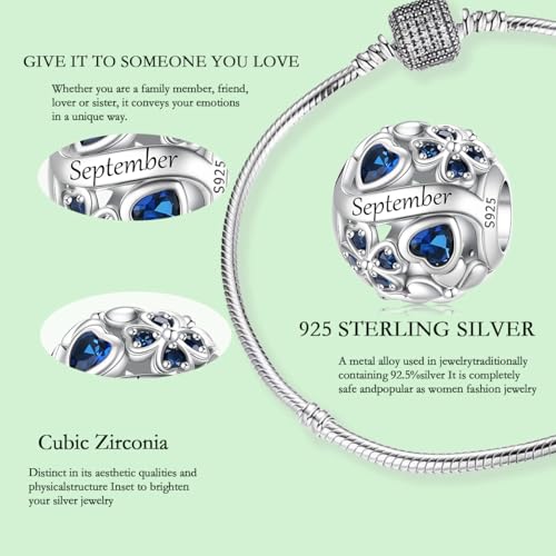 925 Sterling Silver Lucky Clover Birthstone Charms for Bracelets Dangle Pendant with 5A Cubic Zirconia Compatible Pandora Bracelets, Ladies Birthday Gift - style: 9-September