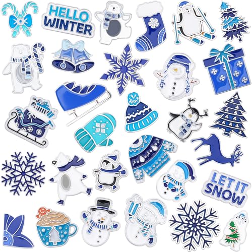 SANNIX 60Pcs Winter Pins, Christmas Winter Enamel Lapel Pins Snowflake Snowman Polar Bear Penguin Brooch Pins Blue White Christmas Holiday Pin Badge for Clothes Bags Hats Accessories Gifts, 30 Styles - style: Winter Pins