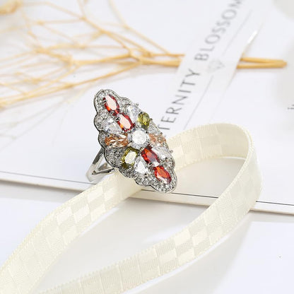 Luxury Women's Cubic Zirconia Crystal Flower Big Cocktail Statement Rings Fashion Art Deco925 Silver Created Gem Filled Cluster Flower Lndex Finger Ring(8#), XG12-R002-A08 - size: 8#