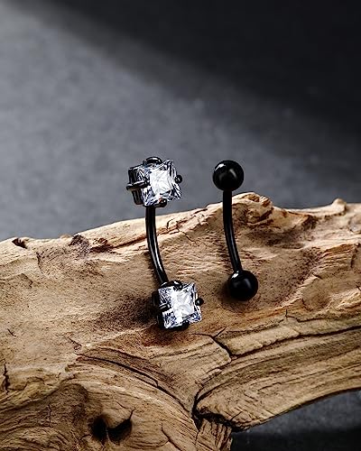 2pcs 16g Small Size Belly Button Rings Pack Surgical Steel Square AAA CZ Curved Barbell Navel Rings New - color: black