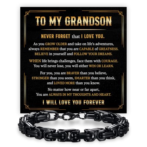 Grandson Gifts from Grandma Grandpa, Black Stainless Steel Bracelet with Meaningful Message Card, Birthday Gift for Grandson, Graduation Christmas Gift, Inspirational Keepsake Jewelry for Men - color: Grandson #10
