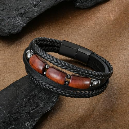 Mens Tiger Eye Leather Bracelet, Natural Tiger Eye Stone Multi-Layer Braided Cuff Bracelets for Men, Stainless Steel with Buckle Memorial Bangle Gifts for Him - color: Black4