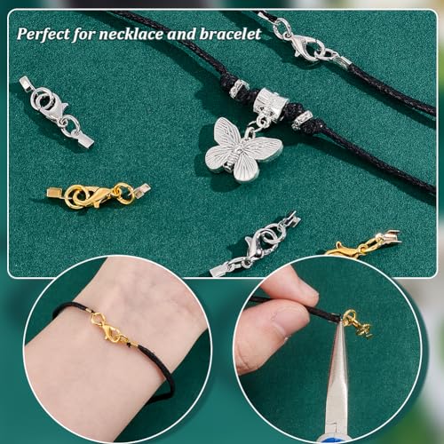 PH PandaHall Waxed Cord with Jewelry Clasp Kit, 50 Yards 2mm Black Waxed Cotton Threads with Lobster Claw Clasps Fold Over Cord Ends Wax Cord Beading String for DIY Bracelet Necklaces Jewelry Making