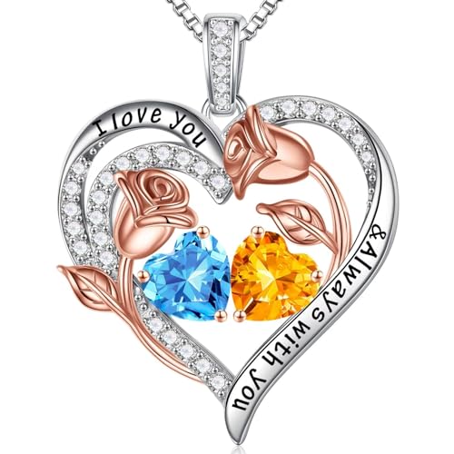 Iefil Birthstone Necklace for Women - Rose Heart Necklace | 925 Sterling Silver, Gift Box Packaging, Anniversary Birthday Gifts for Wife Mom Daughter - color: 03-11-Mar-Nov Birthstone
