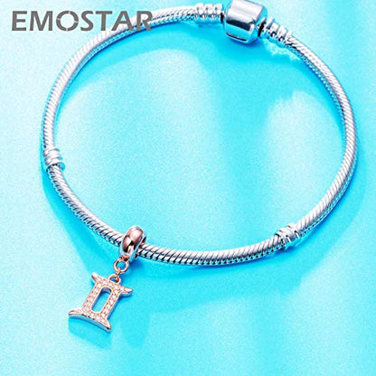EMOSTAR Zodiac Sign Charms fits European Charm Bracelet – Rose Gold 925 Sterling Silver Necklace Pendant, 12 Horoscope Constellation Dangle CZ Birthstone Beads, Gifts for Women/Men/Birthday - color: Gemini (5.21 – 6.20)