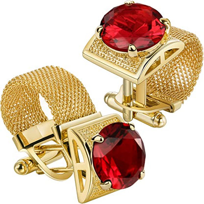 HAWSON Mens Cufflinks with Chain - Stone and Shiny Gold Tone Shirt Accessories - Party Gifts for Young Men - color: 24K Gold Color+Siam Red Crystal