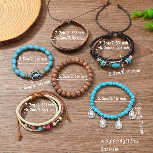 Western Outfits for Women Turquoise Western Bracelets Bohemian Vintage Stackable Beaded Leather Bracelets Adjustable Hand-woven Layered Bracelet Western Country Concert Jewelry for Women - style: Turquoise Teardrop