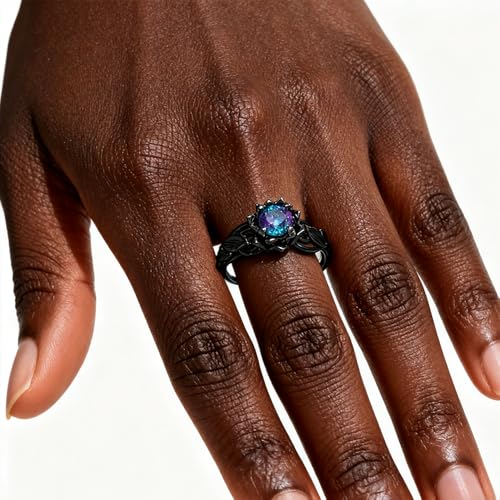 Cubic Zirconia Rings For Women, Gothic Ring Black Flower Crystal Stackable Trendy Floral Eternity Travel Engagement Statement Wedding Birthday Jewelry Gift - color: Goth Black Colorful