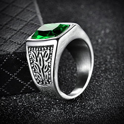 MASOP Jewelry Men's Stainless Steel Wide Identify Ring Green Emerald Color Square Stone