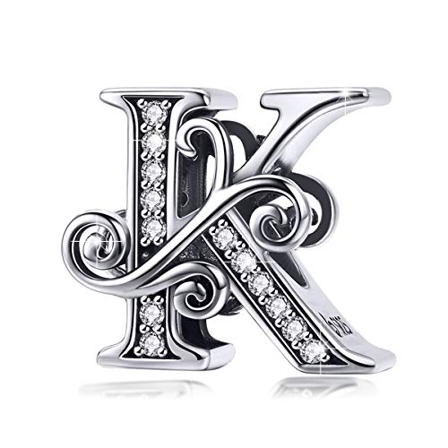 BISAER 925 Sterling Silver Initial Letter A-Z Charms for Bracelets Alphabet Beads Charm Jewelry Gifts - color: Letter K