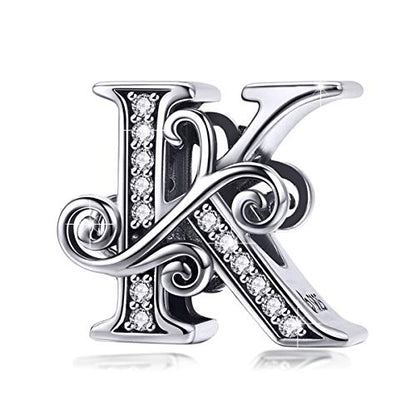 BISAER 925 Sterling Silver Initial Letter A-Z Charms for Bracelets Alphabet Beads Charm Jewelry Gifts - color: Letter K