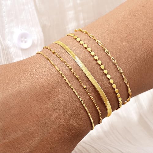 Gold Bracelets for Women, 14K Gold Plated Stackable Bracelet Stack Set Adjustable Charm Small Square Chain Snake Link Layered Waterproof Jewelry Sets Gifts - color: Bracelets-3 Gold